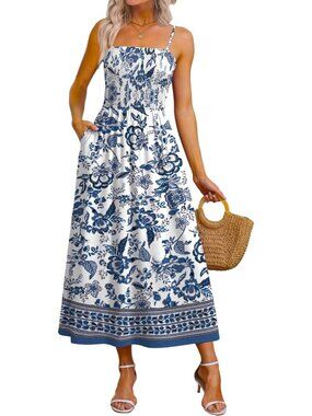 Women's Blue Floral Spaghetti Strap Smocked Casual Boho Beach Long Maxi Dresses